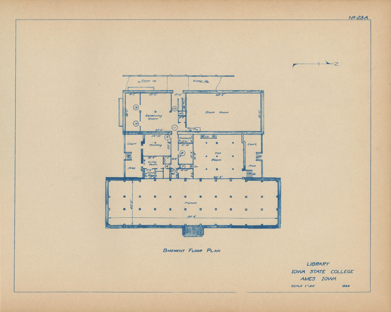 The “H” type building consisted of a basement, two floors on the east wing, and three floors on the west
wing with a connecting corridor. The basement housed a receiving room, stacks, printing office,
incinerator, and living quarters for a janitor. The first floor’s east wing held the assigned reading room
and periodicals room, the corridor held offices and restrooms, and the west wing held a faculty reading
room, staff lounge, and stacks. The second floor’s east wing was entirely the main reading room, the
corridor held bibliographies and catalogs, and the west wing held the cataloging and ordering units of
the library, office space, stacks, and cubicles for students. The third floor of the west wing held seminar
and class rooms and additional stacks.