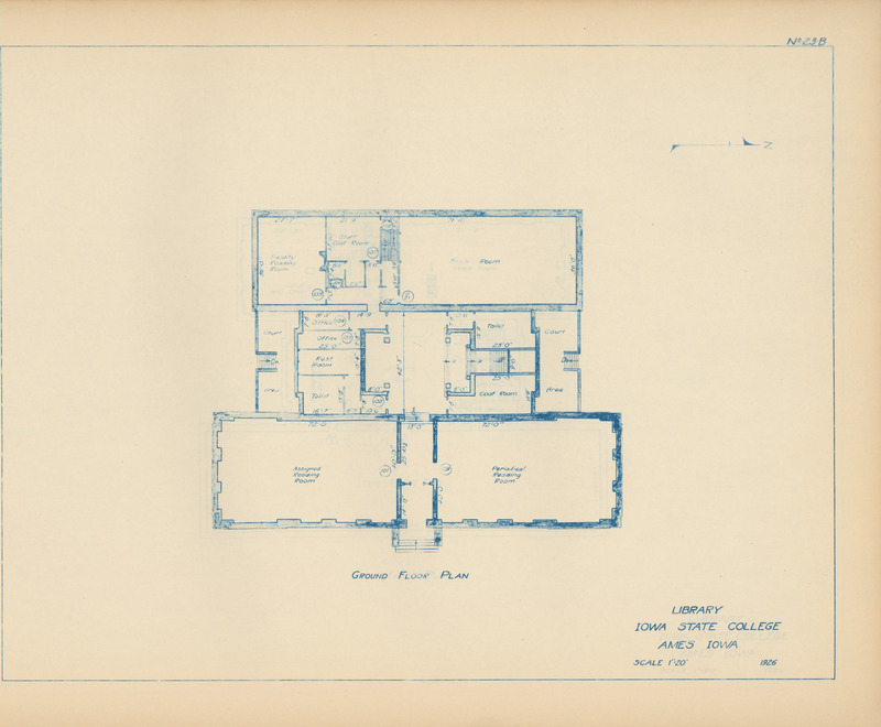 "The “H” type building consisted of a basement, two floors on the east wing, and three floors on the west
wing with a connecting corridor. The basement housed a receiving room, stacks, printing office,
incinerator, and living quarters for a janitor. The first floor’s east wing held the assigned reading room
and periodicals room, the corridor held offices and restrooms, and the west wing held a faculty reading
room, staff lounge, and stacks. The second floor’s east wing was entirely the main reading room, the
corridor held bibliographies and catalogs, and the west wing held the cataloging and ordering units of
the library, office space, stacks, and cubicles for students. The third floor of the west wing held seminar
and class rooms and additional stacks."