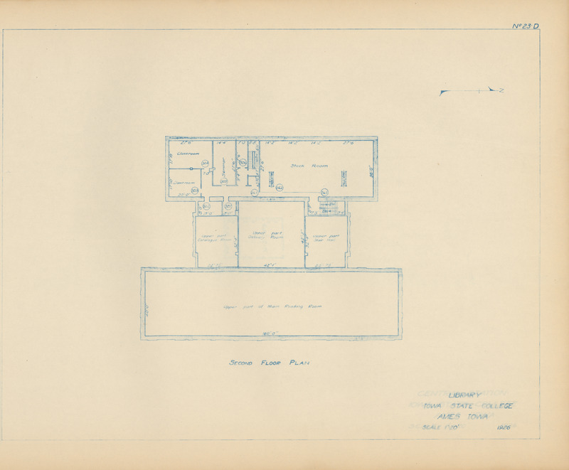 "The “H” type building consisted of a basement, two floors on the east wing, and three floors on the west
wing with a connecting corridor. The basement housed a receiving room, stacks, printing office,
incinerator, and living quarters for a janitor. The first floor’s east wing held the assigned reading room
and periodicals room, the corridor held offices and restrooms, and the west wing held a faculty reading
room, staff lounge, and stacks. The second floor’s east wing was entirely the main reading room, the
corridor held bibliographies and catalogs, and the west wing held the cataloging and ordering units of
the library, office space, stacks, and cubicles for students. The third floor of the west wing held seminar
and class rooms and additional stacks."