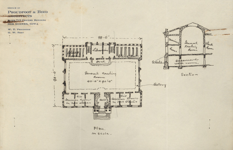 By 1903, a new request for a standalone library building was being made by President Albert Boynton
Storms. Increased use of the library had seen students using window sills as desks and preventing the
collection from fires were frequently cited as reasons for a new building. President Storms reached out
to architectural firm Proudfoot and Bird seeking input on the design and cost of a new building. William
T. Proudfoot provided a basic sketch and suggested the building would cost $80,000. In 1911, the
legislature allocated $225,000 for a new library, but movement would be slow in planning the new
building. The library remained in Morrill Hall for two more years