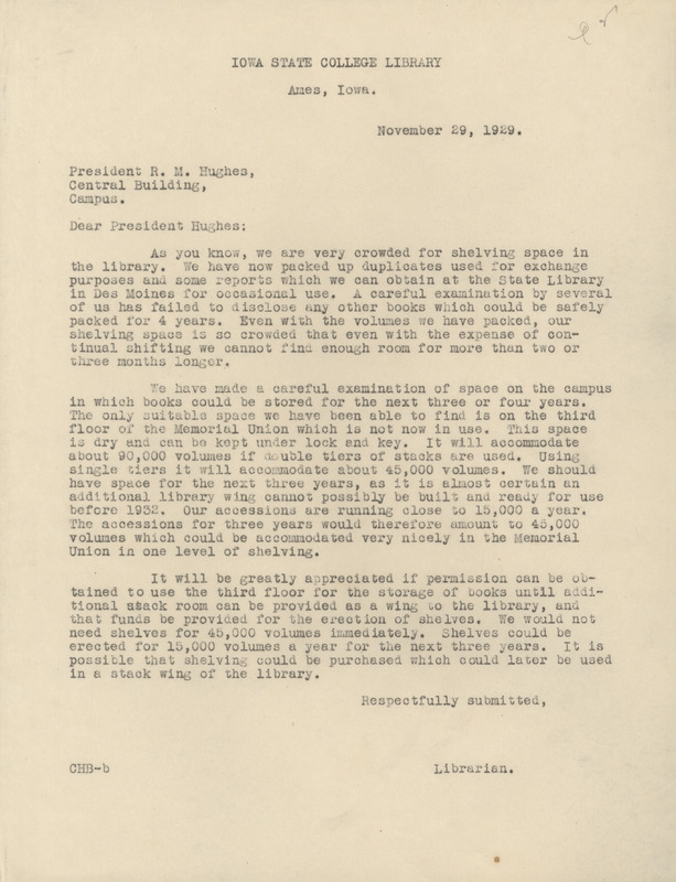 Correspondence to President R.M. Hughes from Dean Brown about library storage space concerns and the possibility of storing materials in the Memoroial Union.
