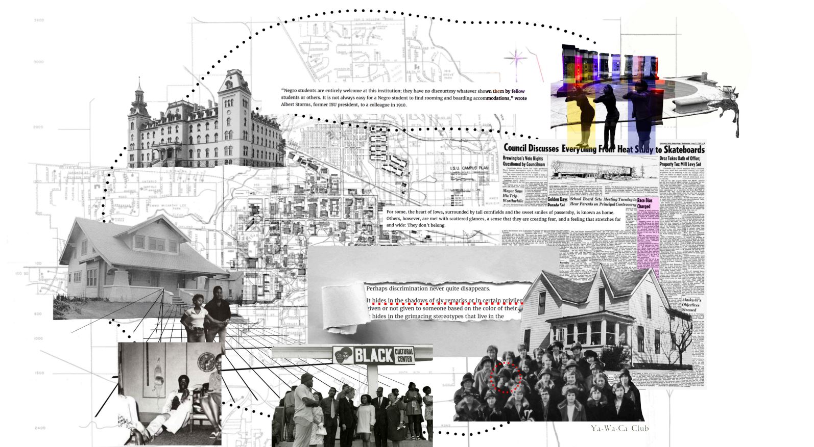 collage of black and white photographs with a map of ISU campus in the background
