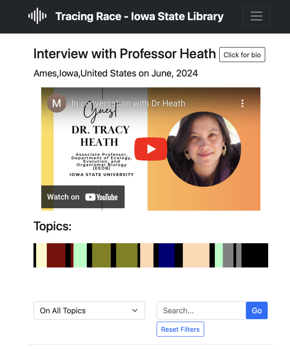 Screenshot of a webpage with interview youtube video and transcript topics