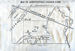 Map showing railroad creek and creek bottom and 3 squares, labeled college, house, and barn
