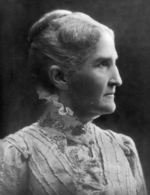 Black and white photo of older white woman in profile