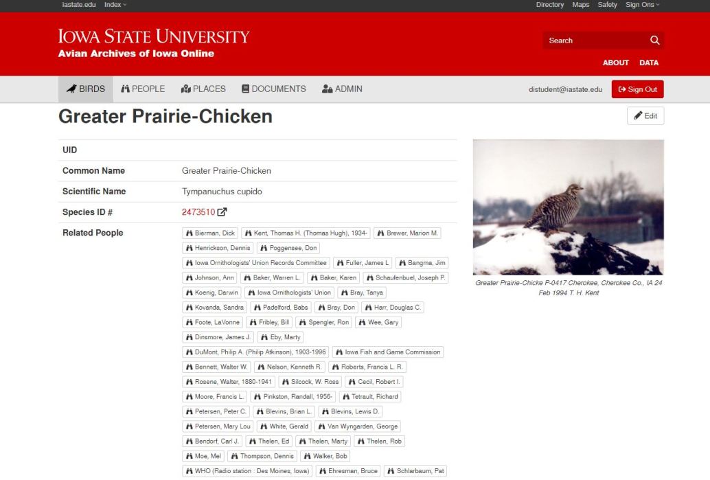 Screenshot showing the 'Greater Prairie-Chicken' webpage on the Avian Arches website