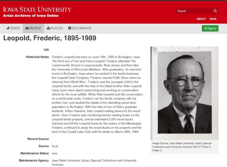 Screenshot showing the 'Frederic Leopold' webpage on the Avian Arches website