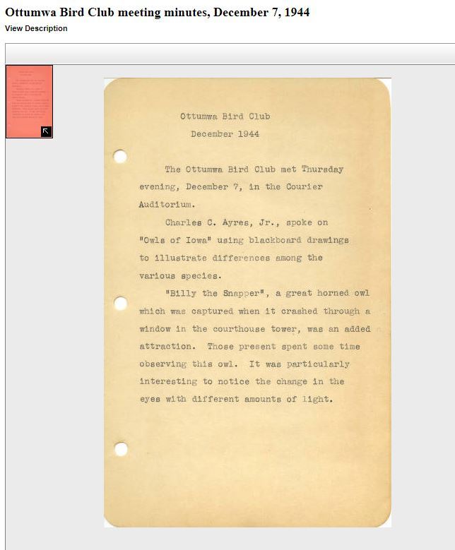 Scan of notes taken from Ottumwa Bird Club in 1944