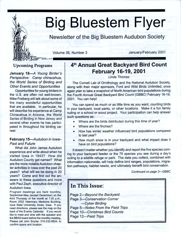 Scan of the cover page from the Big Bluestem Audubon Society Volume 36 Number 3