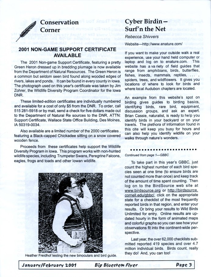 Scan of a newsletter from the Big Bluestem Audubon Society