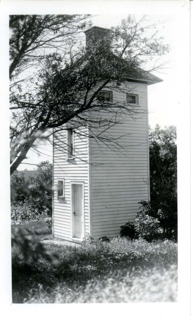 Black and white image of Althea Sherman’s Chimney Swift Tower in National Iowa