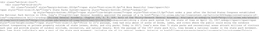 Screenshot of the code behind the Iowa State's Online Exhibit's website