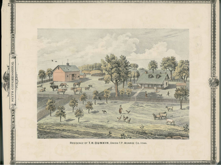 Colored image depicting the residence of T.H. Dunkin, Union Township in Monroe, Iowa