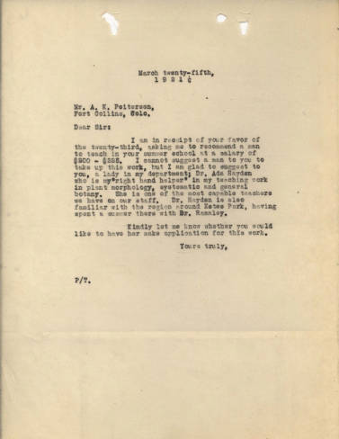 Scan of letter from Iowa State botany professor Louis Pammel to A. K. Petersen