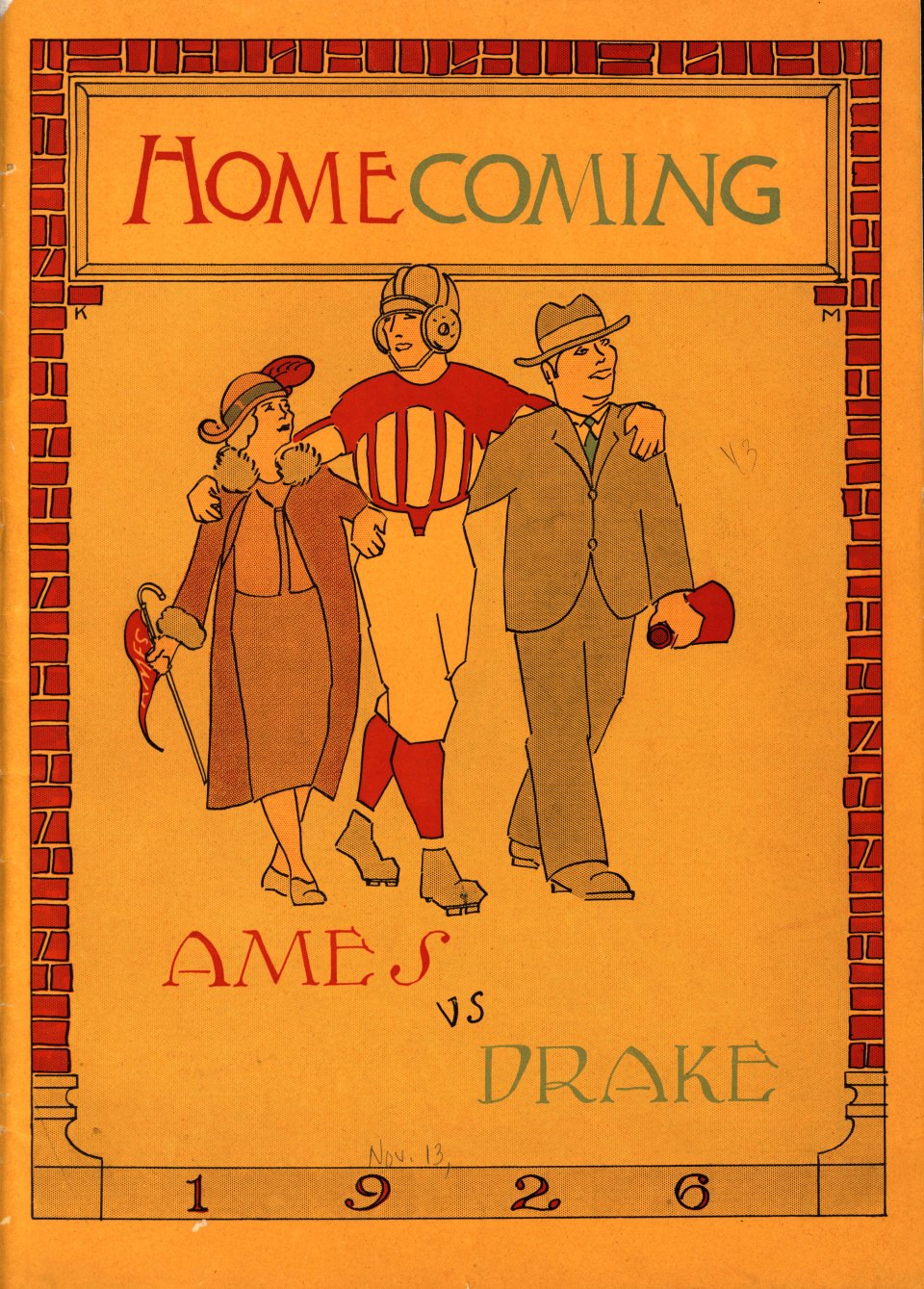 Colored image of poster from Ames v.s. Drake homecoming football game in 1926