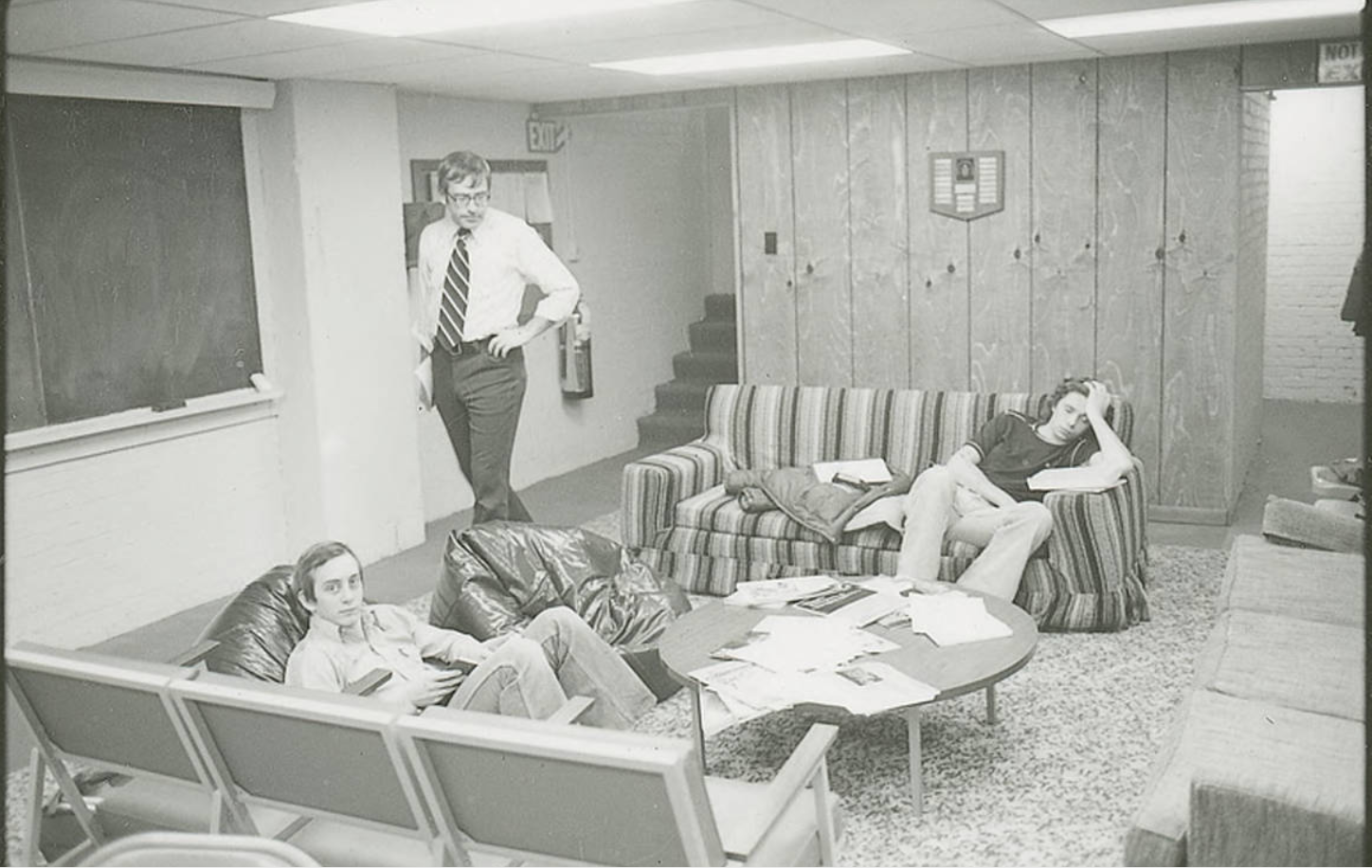 Black and white image of students studying