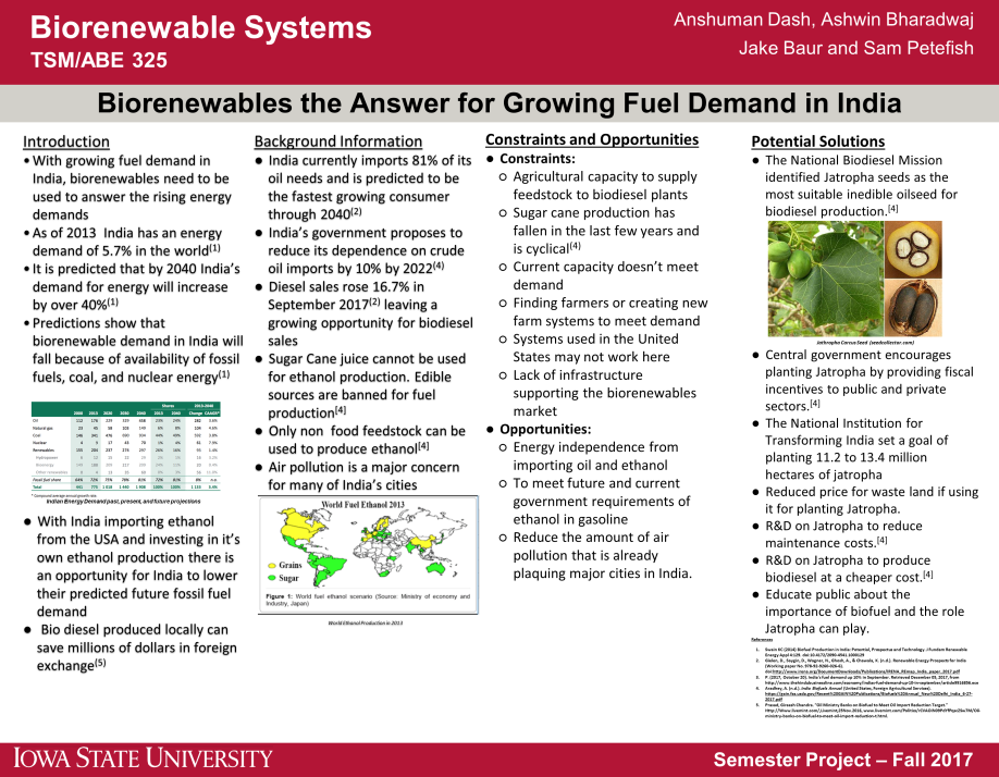 Image of a poster from TSM/ABE 325: Biorenewable Systems