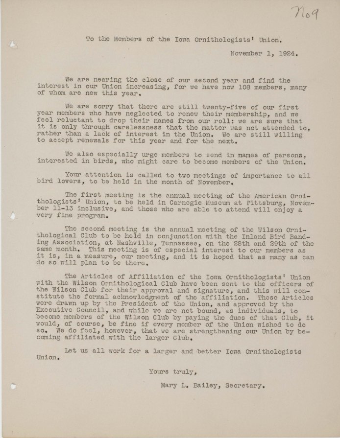Scan of a letter from Mary Bailey to the members of IOU