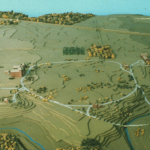 Colored image of a model of the campus as appeared in 1875