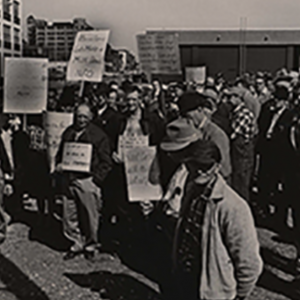 Black and white photo of a group of farmers protesting