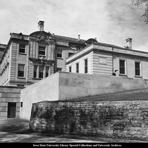 Early black and white Image of Iowa State University Memorial Union from north side. 