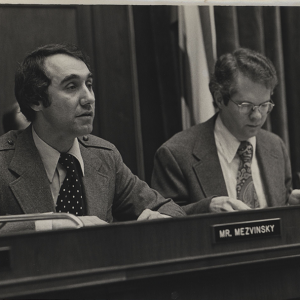 Black and white image of Edward Mezvinsky during  the Watergate hearing