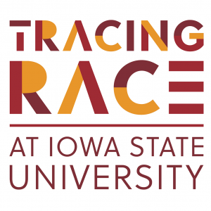Stylized words in two lines tracing race, in the colors cardinal and gold. Horizontal line in the color cardinal. At Iowa State <break> University in the color cardinal.