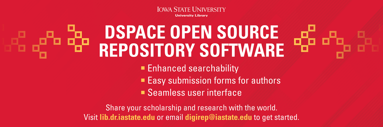 White type "Iowa State University Digital Repository" gold type "New DSPACE SOFTWARE" on red background.